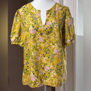 Yellow Boho Floral Shirt by Old Navy, Short Pleated Sleeves, Size M
